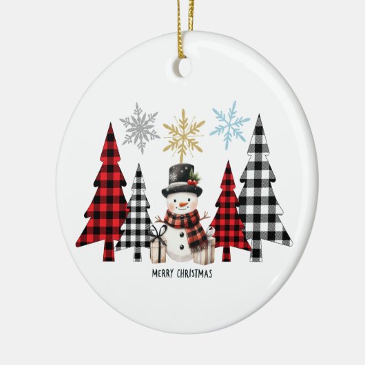 Vrolijke kerst sneeuwman Plaid kerstboom Keramisch Ornament (Links)