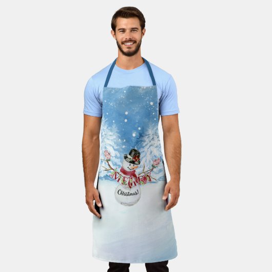 Vrolijke kerst Sneeuwman Waterverf Sneeuwbomen Schort (Gedragen)