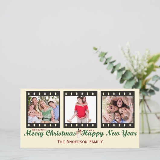 vrolijke kerst sneeuwpop fotokaart feestdagenkaart (Staand voorkant)