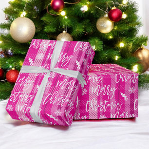 Vrolijke kerst sneeuwvlok maretak roze plaid cadeaupapier