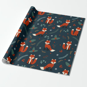 Vrolijke kerst sneeuwvlokken Fox Holly Blue Red Cadeaupapier