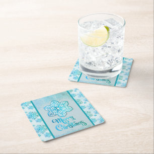 Vrolijke kerst sneeuwvlokken iriserend blauw kartonnen onderzetters