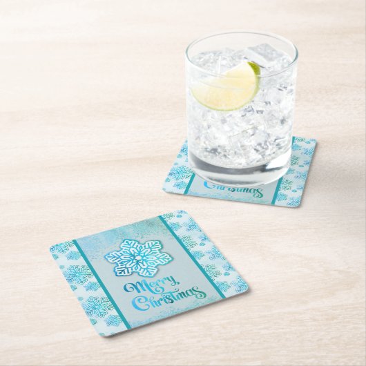 Vrolijke kerst sneeuwvlokken iriserend blauw kartonnen onderzetters (Insitu)