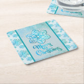 Vrolijke kerst sneeuwvlokken iriserend blauw kartonnen onderzetters (Schuin)