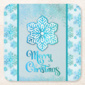 Vrolijke kerst sneeuwvlokken iriserend blauw kartonnen onderzetters (Voorkant)
