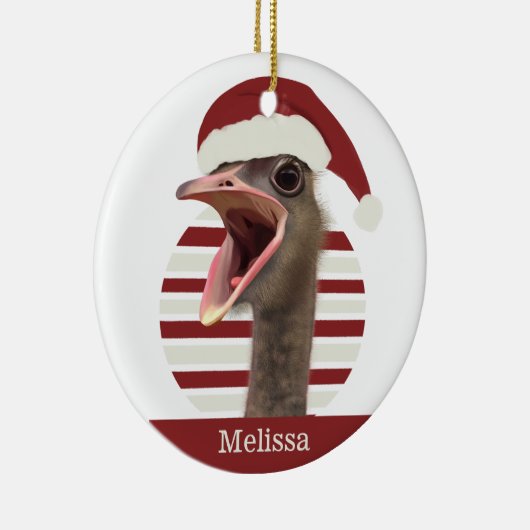 Vrolijke kerst struisvogel met kerstmuts keramisch ornament (Rechts)