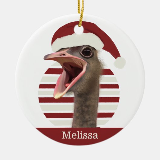 Vrolijke kerst struisvogel met kerstmuts keramisch ornament (Voorkant)