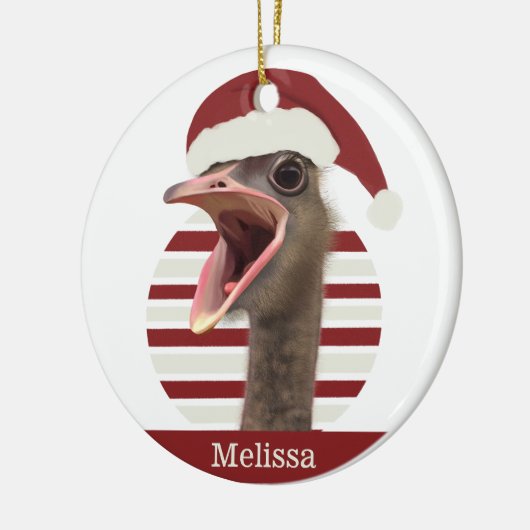 Vrolijke kerst struisvogel met kerstmuts keramisch ornament (Links)