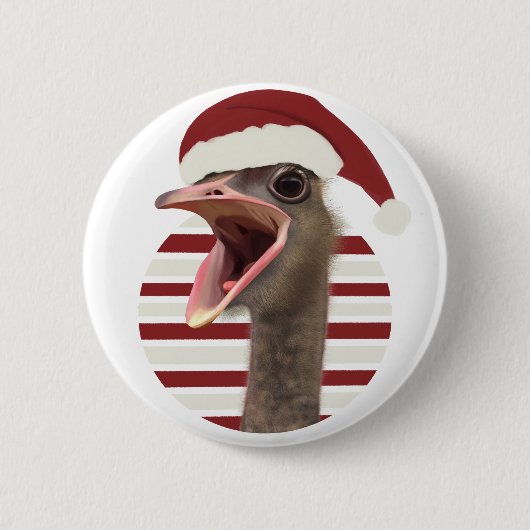 Vrolijke kerst struisvogel met kerstmuts ronde button 5,7 cm (Voorkant)