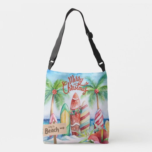 Vrolijke kerst surfplanken op het strand Canvas ta Crossbody Tas (Achterkant)