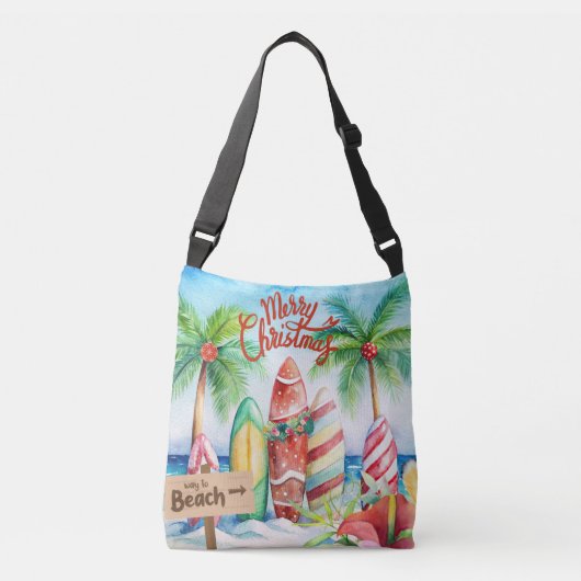 Vrolijke kerst surfplanken op het strand Canvas ta Crossbody Tas (Voorkant)