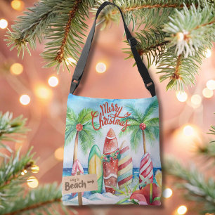 Vrolijke kerst surfplanken op het strand Canvas ta Crossbody Tas