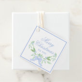 Vrolijke kerst swag met blauwe boog bedankjes labels (In situ)