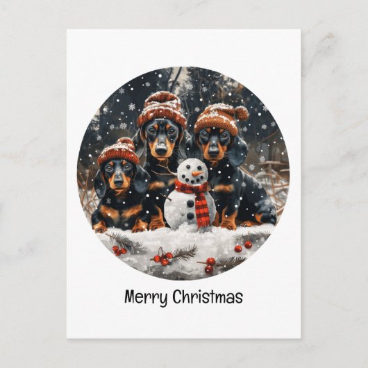 Vrolijke kerst teckel honden Sneeuwman Briefkaart (Voorkant)