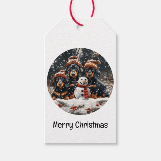 Vrolijke kerst teckel honden Sneeuwman Cadeaulabel (Voorkant)