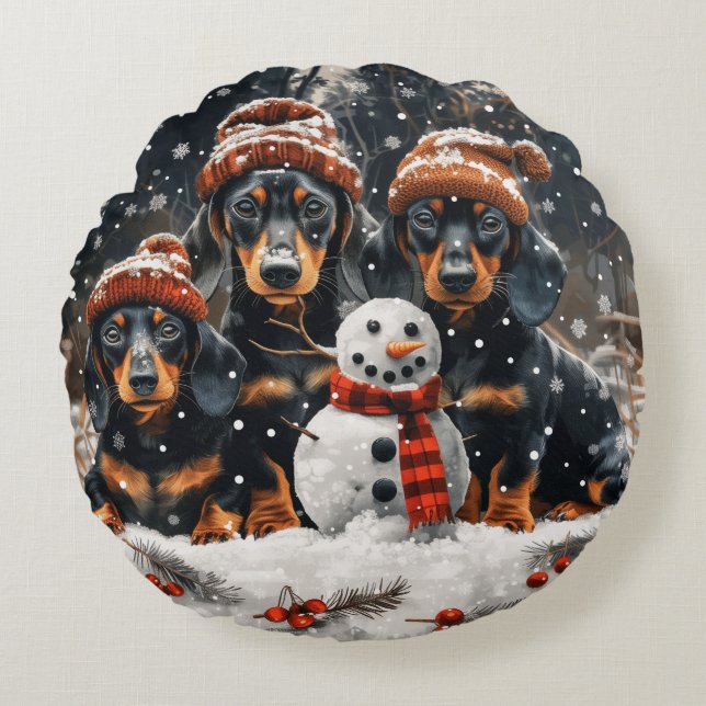 Vrolijke kerst teckel honden Sneeuwman Rond Kussen (Voorkant)