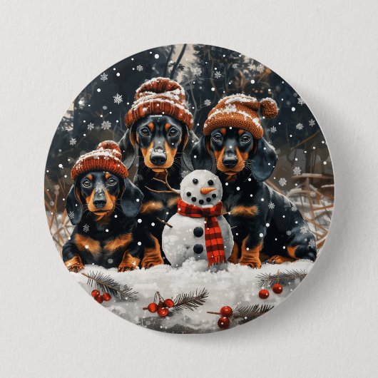 Vrolijke kerst teckel honden Sneeuwman Ronde Button 7,6 Cm (Voorkant)