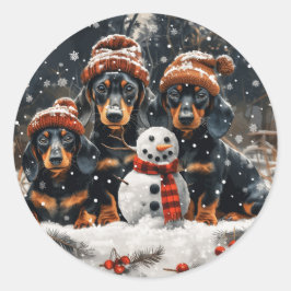 Vrolijke kerst teckel honden Sneeuwman Ronde Sticker