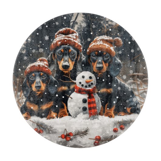 Vrolijke kerst teckel honden Sneeuwman Snijplank (Voorkant)