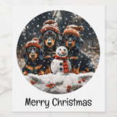 Vrolijke kerst teckel honden Sneeuwman Wijn Etiket (Enkel label)
