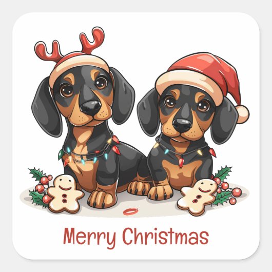 Vrolijke kerst teckel honden vierkante sticker (Voorkant)
