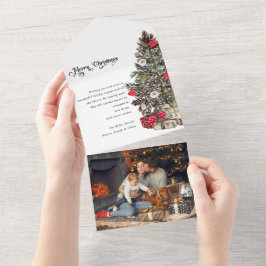 Vrolijke kerst traditionele boom gevouwen Fotokaar All In One Uitnodiging