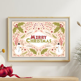 Vrolijke Kerst Typografie Snowman Floral Perfect Poster