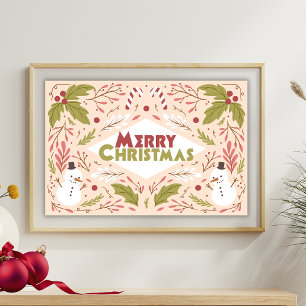 Vrolijke Kerst Typografie Snowman Floral Perfect Poster