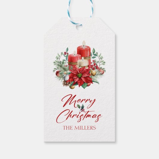 Vrolijke kerst vibe bloemen en kaarsen boeket cadeaulabel (Achterkant)