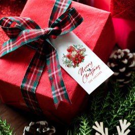 Vrolijke kerst vibe bloemen en kaarsen boeket cadeaulabel