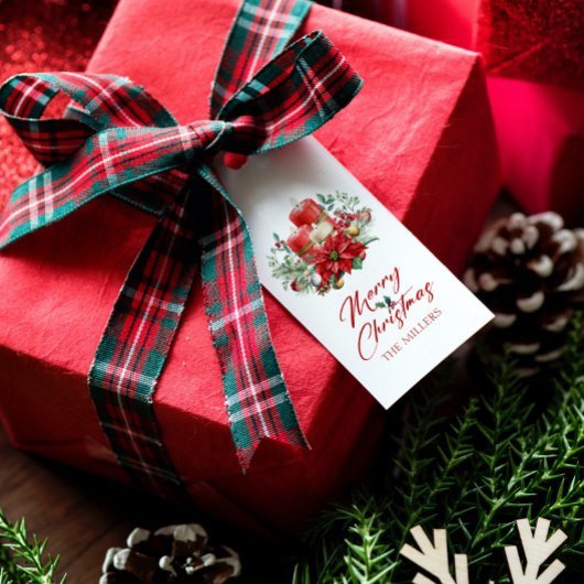 Vrolijke kerst vibe bloemen en kaarsen boeket cadeaulabel