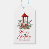 Vrolijke kerst vibe bloemen en lantaarn boeket cadeaulabel (Voorkant)