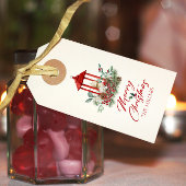 Vrolijke kerst vibe bloemen en lantaarn boeket cadeaulabel