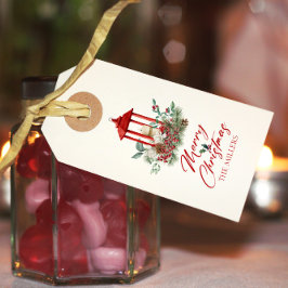 Vrolijke kerst vibe bloemen en lantaarn boeket cadeaulabel