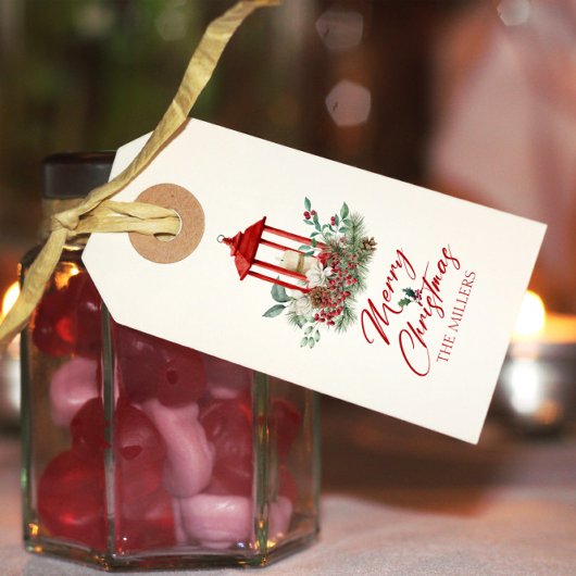 Vrolijke kerst vibe bloemen en lantaarn boeket cadeaulabel