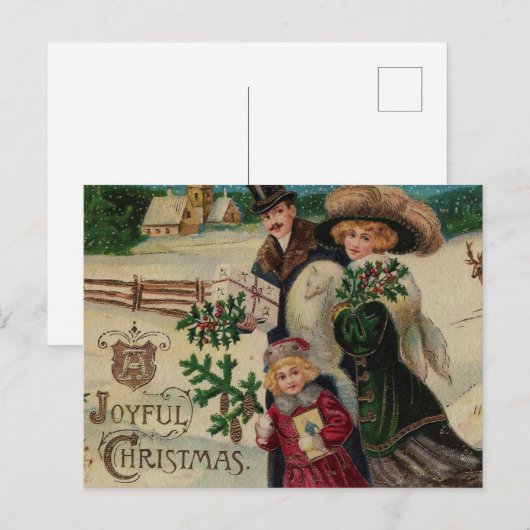 Vrolijke Kerst Victoriaans Familie en Dorp Feestdagenkaart (Voorkant / Achterkant)