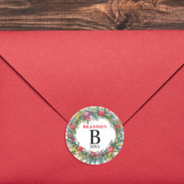 Vrolijke Kerst Waterverf Krans Naam Initiaal Ronde Sticker