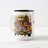 Vrolijke kerst  Yellow Truck Tweekleurige Koffiemok (Voorkant links)
