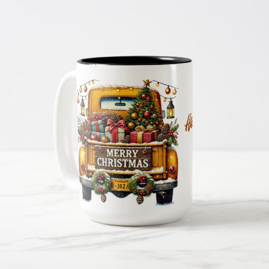 Vrolijke kerst  Yellow Truck Tweekleurige Koffiemok (Voorkant links)