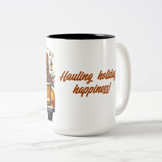 Vrolijke kerst  Yellow Truck Tweekleurige Koffiemok (Voorkant rechts)