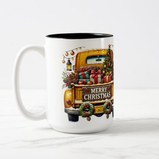 Vrolijke kerst  Yellow Truck Tweekleurige Koffiemok (Links)