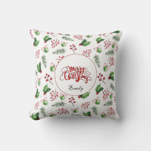 Vrolijke kerstballen Holly Berries Pine Monogram Kussen