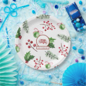Vrolijke kerstballen Holly Berries Pine Monogram Papieren Bordje (Feest)
