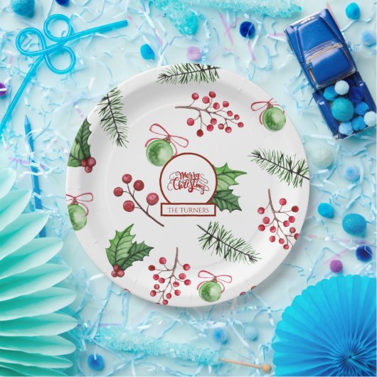 Vrolijke kerstballen Holly Berries Pine Monogram Papieren Bordje (Feest)