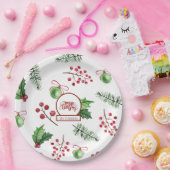 Vrolijke kerstballen Holly Berries Pine Monogram Papieren Bordje (Feest)