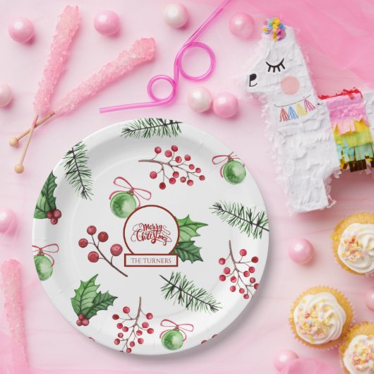 Vrolijke kerstballen Holly Berries Pine Monogram Papieren Bordje (Feest)