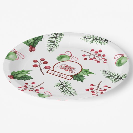 Vrolijke kerstballen Holly Berries Pine Monogram Papieren Bordje (Gekanteld)