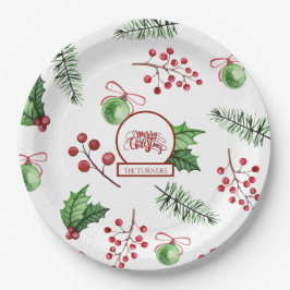 Vrolijke kerstballen Holly Berries Pine Monogram Papieren Bordje