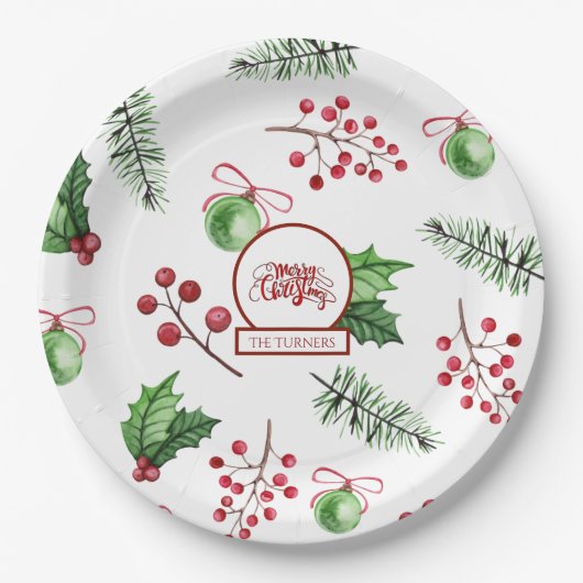 Vrolijke kerstballen Holly Berries Pine Monogram Papieren Bordje (Voorkant)