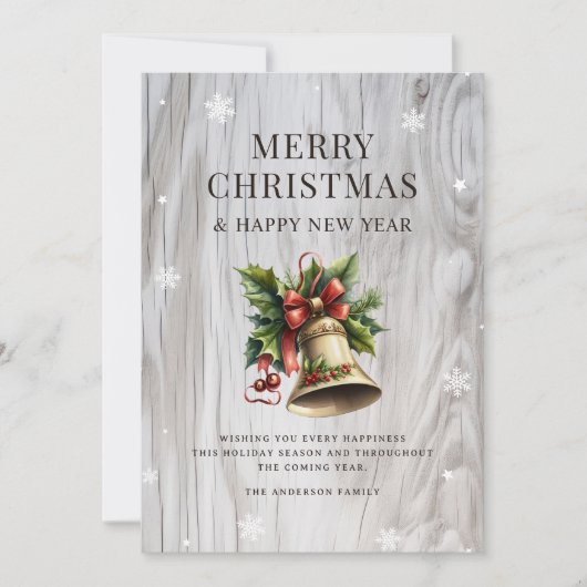 Vrolijke Kerstbel Holly Sneeuwvlok Rustiek Feestdagenkaart (Voorkant)